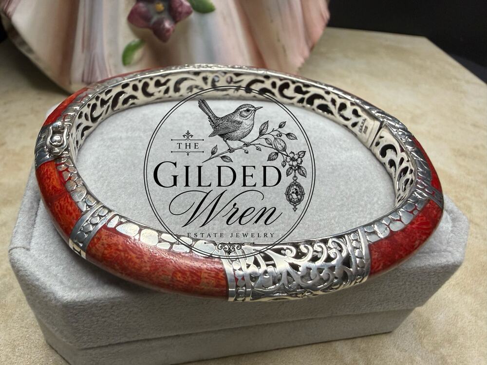 Vintage Sarda Red Coral Inlay Sterling Silver 925 Hinged Bangle Bracelet Bali